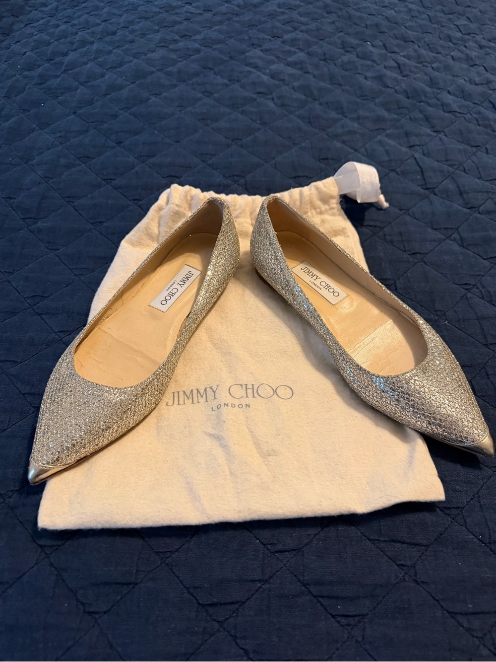 Jimmy Choo Silver Glitter Pointed-Toe Flats with Metallic Accents